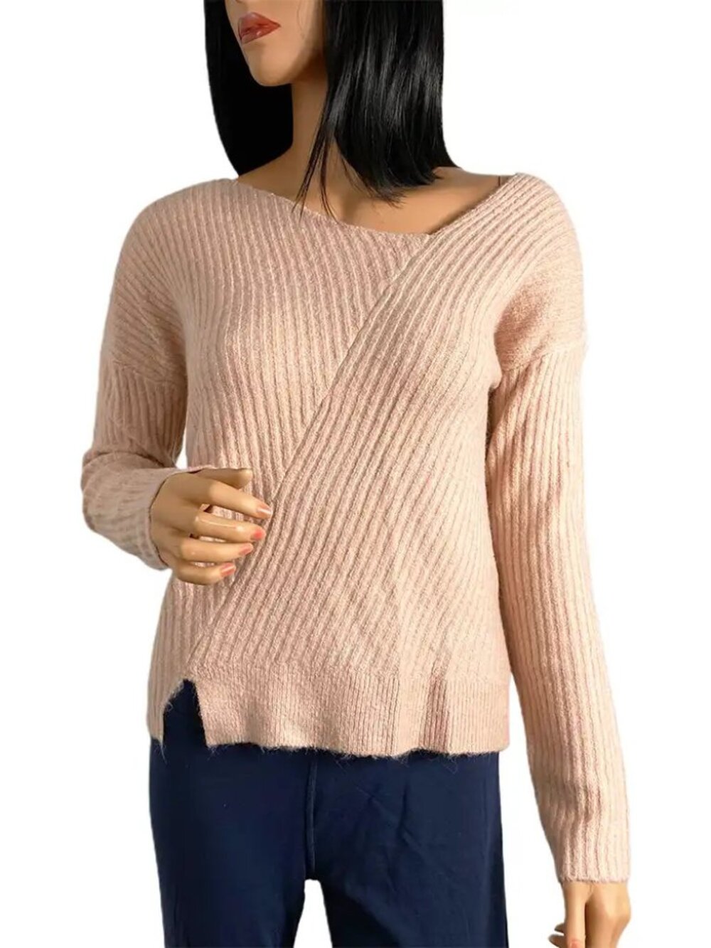 Guess Alivia V-Neck Sweater Pink Diagonal Rib Knit